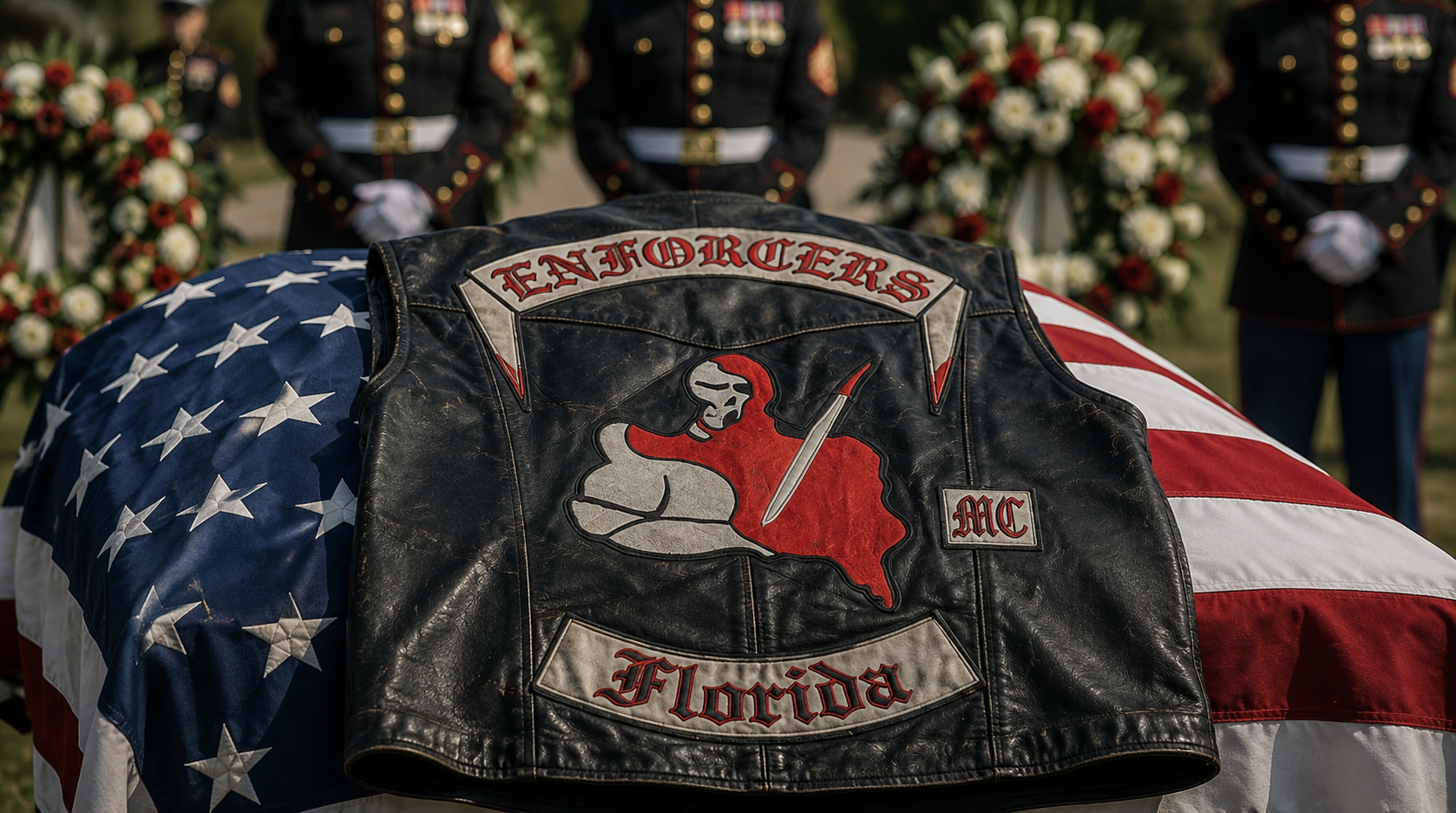 Enforcers MC vest draped over a flag-covered coffin, honoring a fallen brother