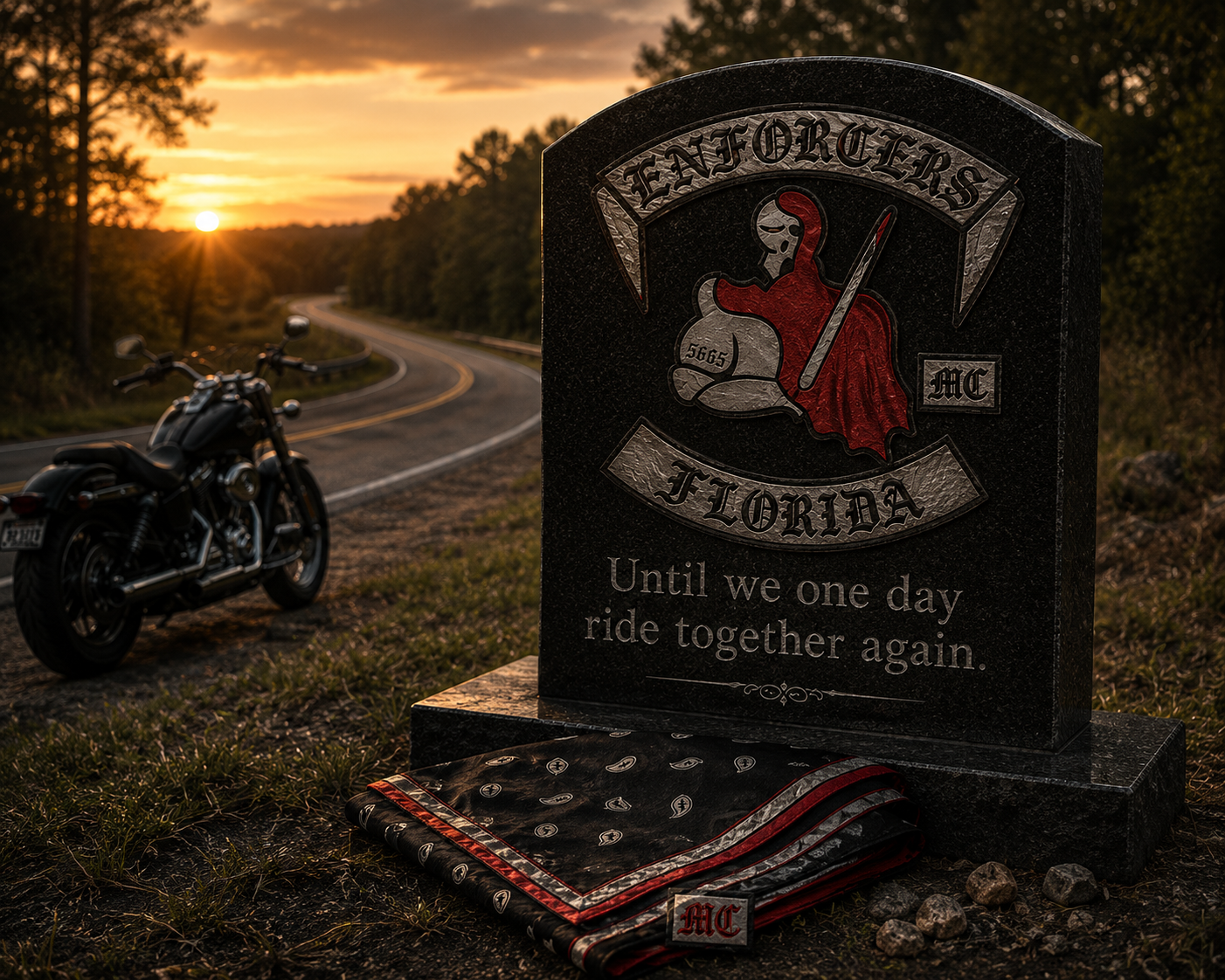 Enforcers MC memorial tombstone at sunset — Until we one day ride together again